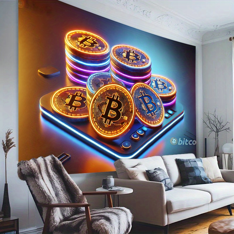Office Tech Background - Crypto Bitcoin Tapestry, Neon Gold Coin